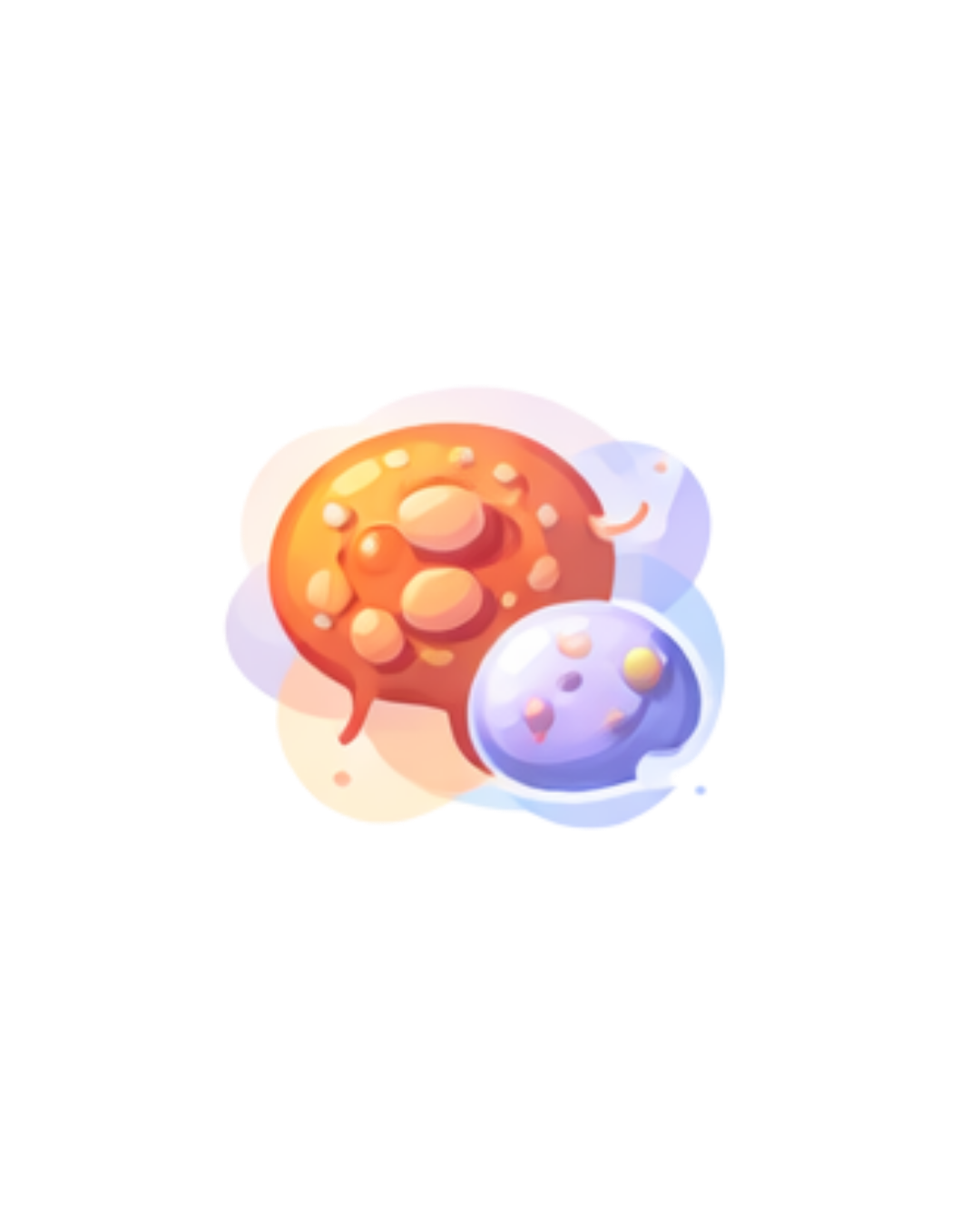 Digital illustration of floating, colorful, spherical orbs with a glossy appearance, in warm orange and cool purple hues.