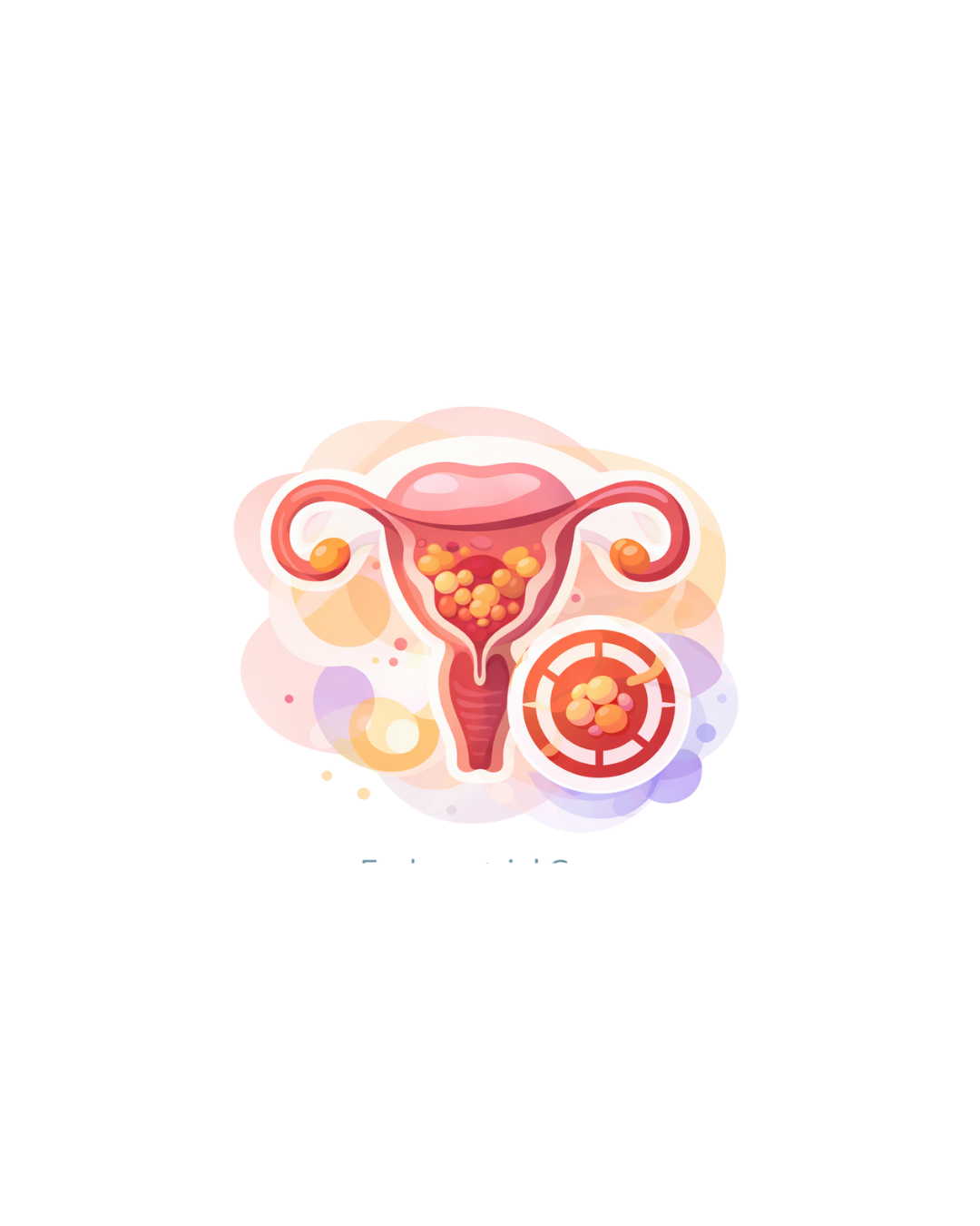 Illustration of a uterus with ovarian cysts and a close-up of cysts on the ovary.