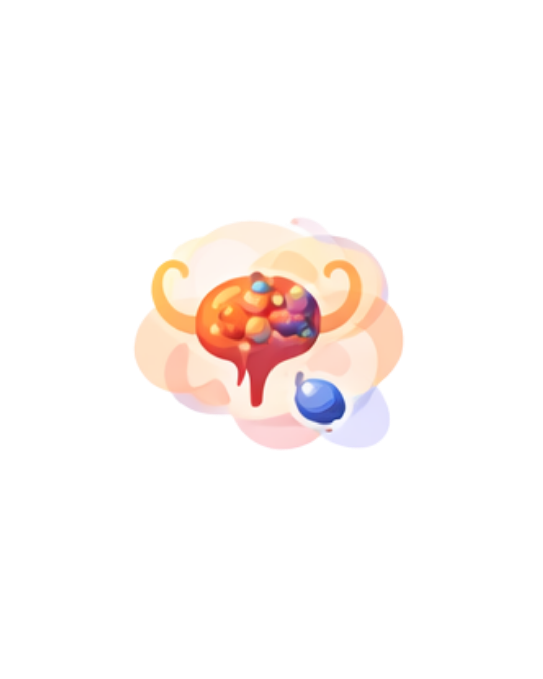 A digital illustration of a stylized brain with a red, inflamed area in the center, surrounded by colorful small dots, and a blue droplet at the bottom right.