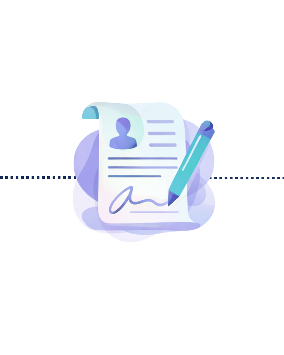 Illustration of a signed identification document with a profile picture, text lines, and a signature, accompanied by a pen.