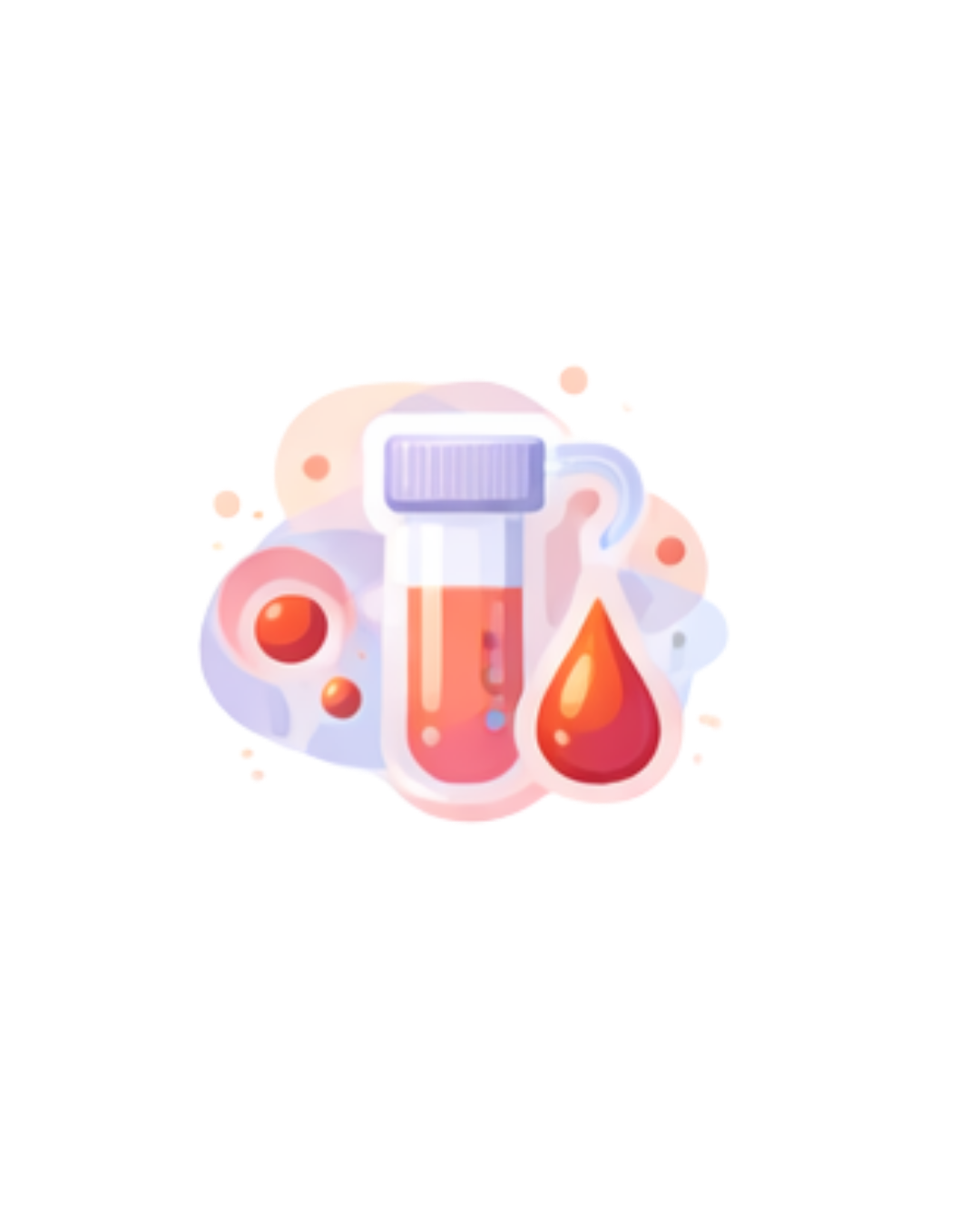Illustration of a blood sample test tube, blood droplet, and medical icons.
