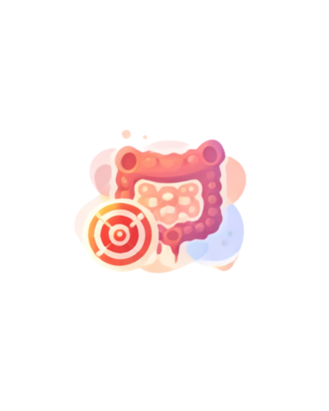 Illustration of a human intestine with a red target symbol indicating inflammation or infection.
