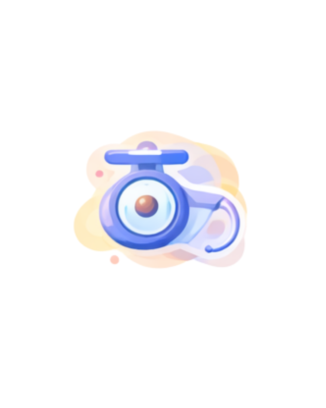Cartoon-style helicopter with a single large eye in the center, blue and purple in color with an orange nose, floating in a light, pastel-colored background.