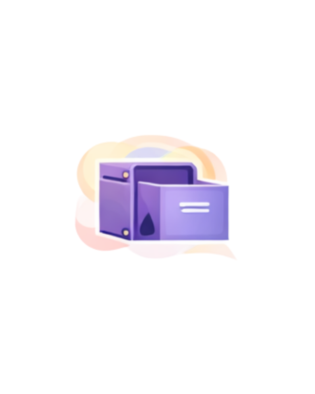 Illustration of a purple safe with an open door, set against a colorful abstract background.
