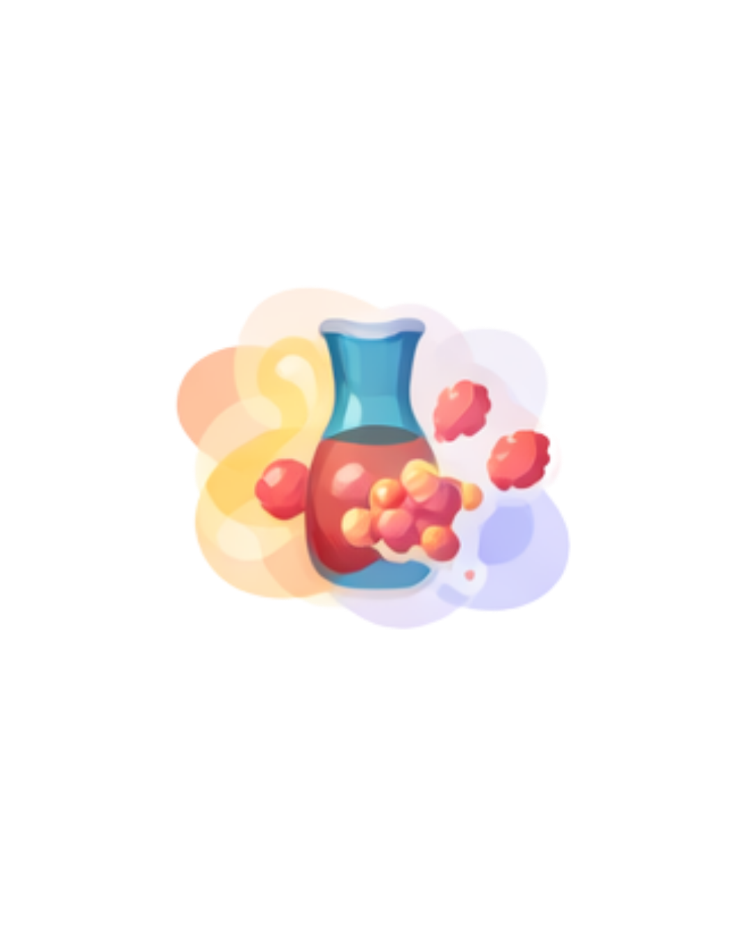 Illustration of a laboratory flask with red and orange molecules inside, surrounded by floating molecules.