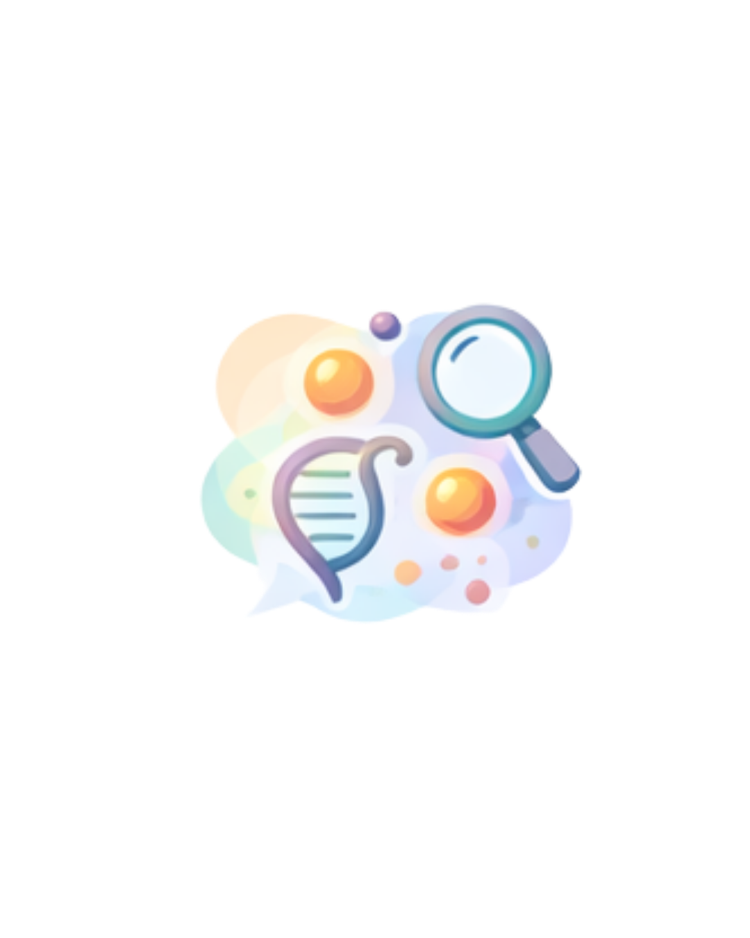 Illustration of a speech bubble containing a DNA helix, magnifying glass, and colorful abstract shapes representing science and research.