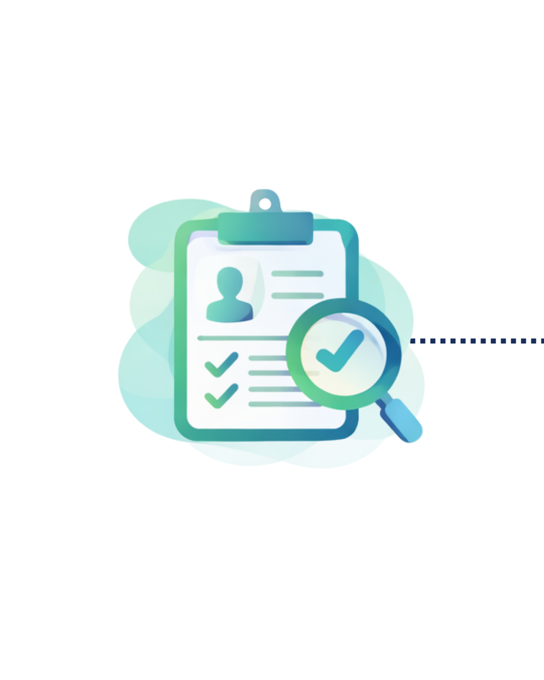 Illustration of a clipboard with a person's profile and checkmarks, a magnifying glass with a checkmark highlighting the document.