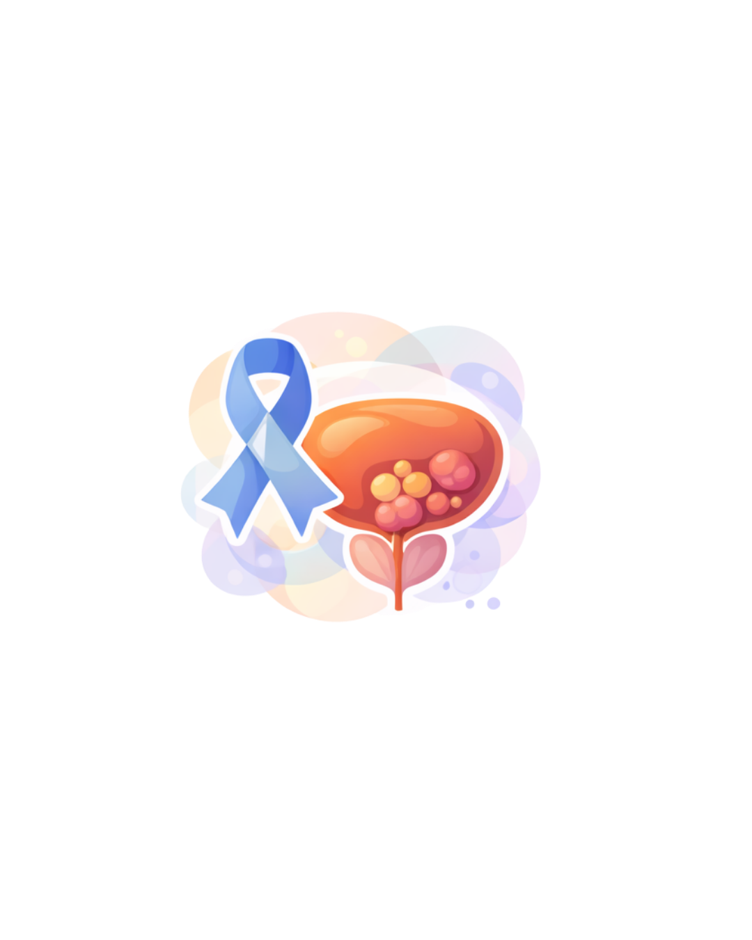 Illustration of a human bladder with bladder cancer, featuring a blue ribbon symbolizing bladder cancer awareness.