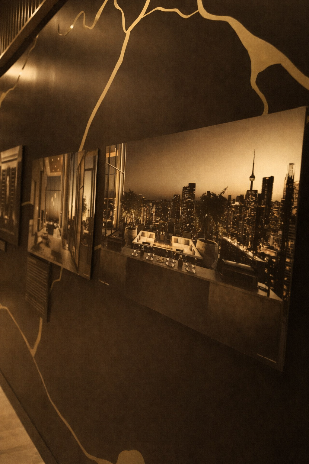 Photograph of a city skyline at night, featuring urban buildings and a tall tower resembling the CN Tower, viewed from a terrace with furniture, potted plants, and trees, in a sepia or warm tone.