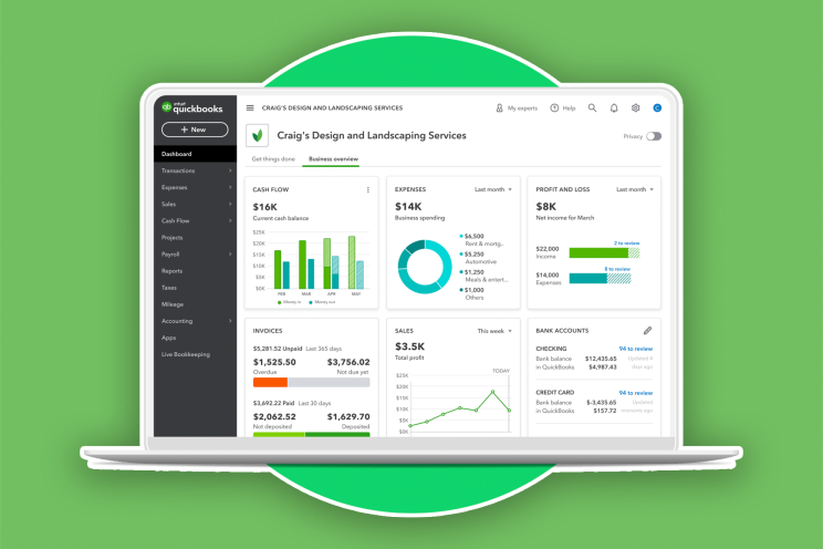 Laptop screen displaying QuickBooks accounting software dashboard with financial charts, invoices, sales, and bank accounts.