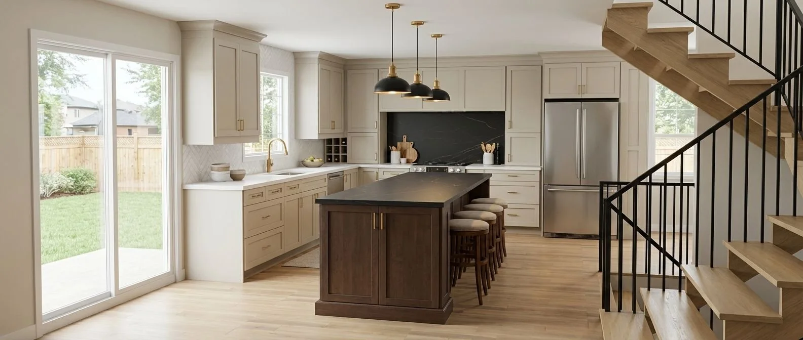 Virtual Kitchen Design Rendering of Modern kitchen with light cabinets, chocolate maple island, stainless steel appliances, and a staircase with wooden steps and black railing.