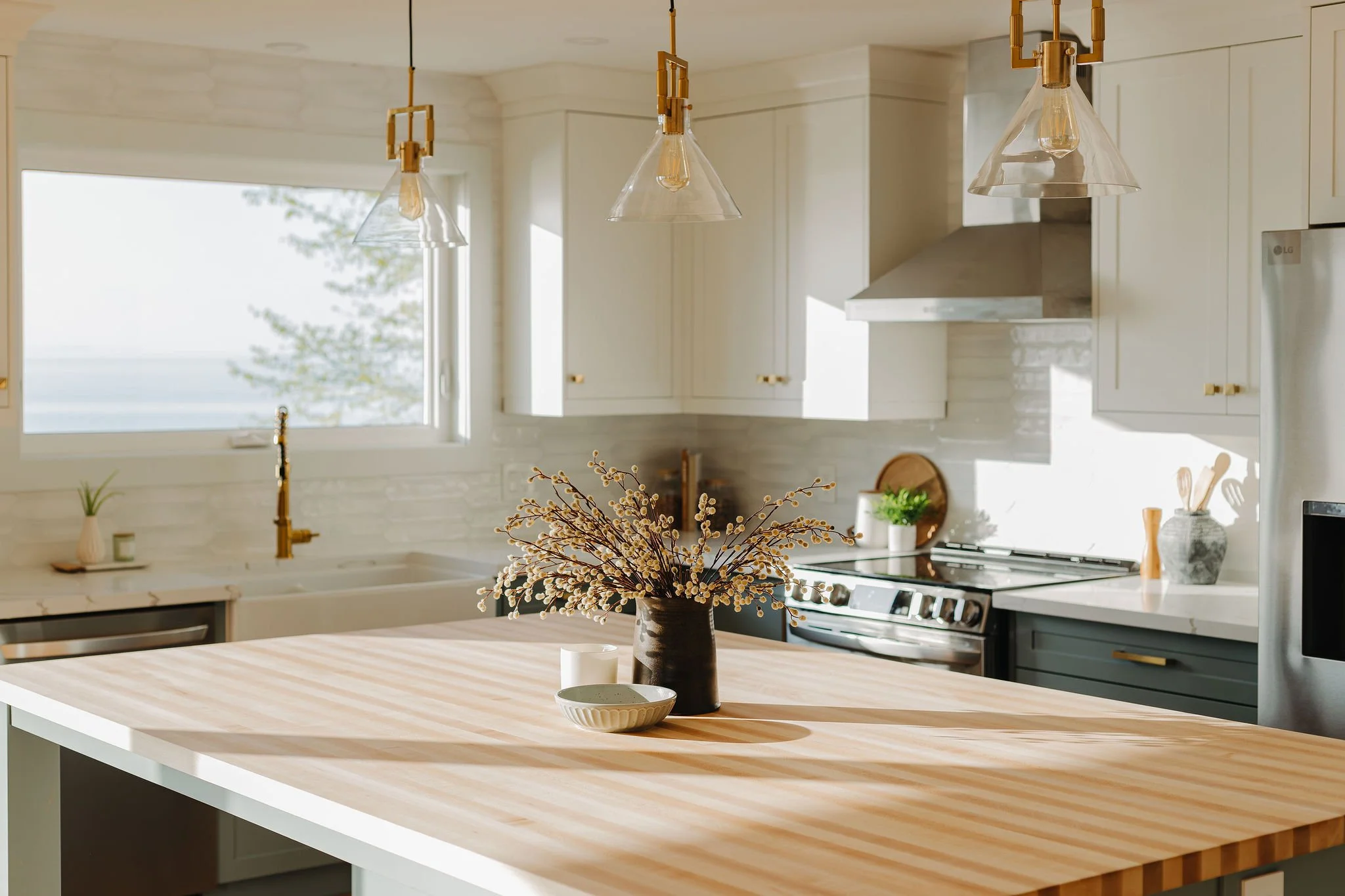 Butcher block countertop, benjamin moore brewster grey cabinets and white cabinets, St Catherines