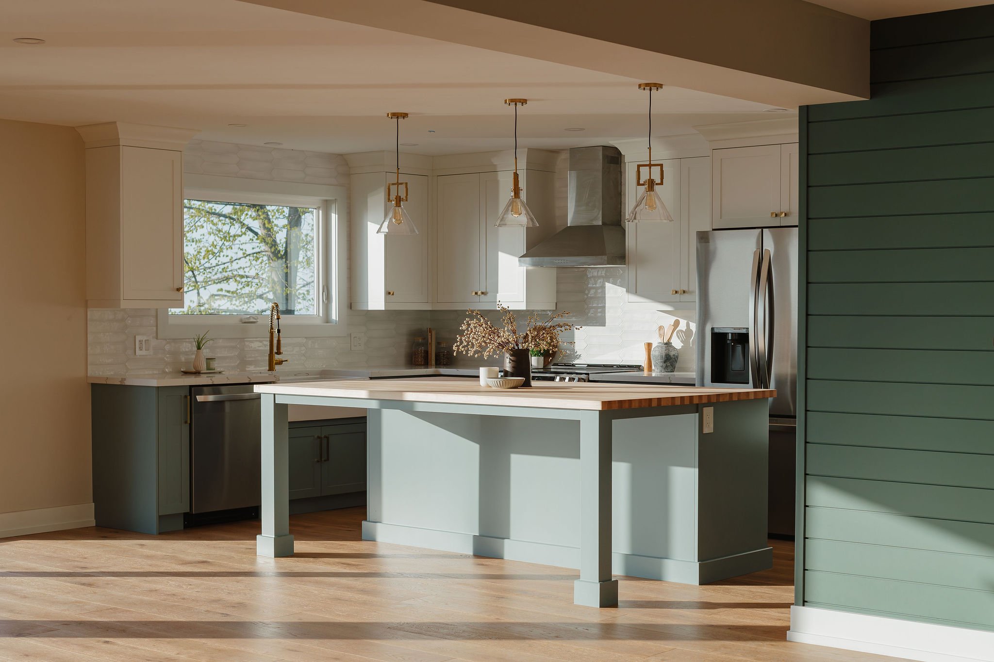 Butcher block countertop, benjamin moore brewster grey cabinets and white cabinets, St Catharines
