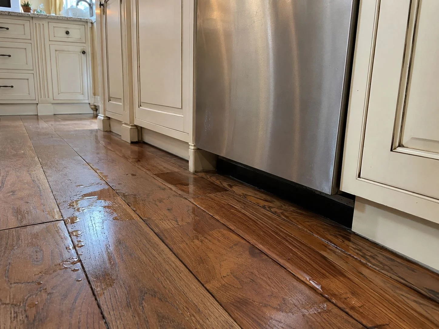 Dishwasher leak pooling on hardwood floors in a Mission Hills, KS kitchen