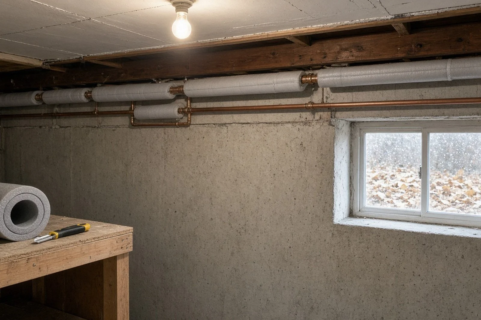 Foam insulation sleeves on copper water pipes along an unfinished basement wall in an Overland Park, KS home