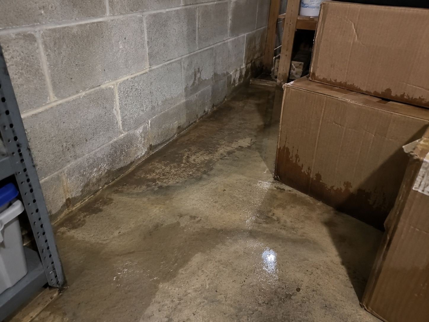 Shallow water along a basement foundation wall after heavy rain in Merriam, KS