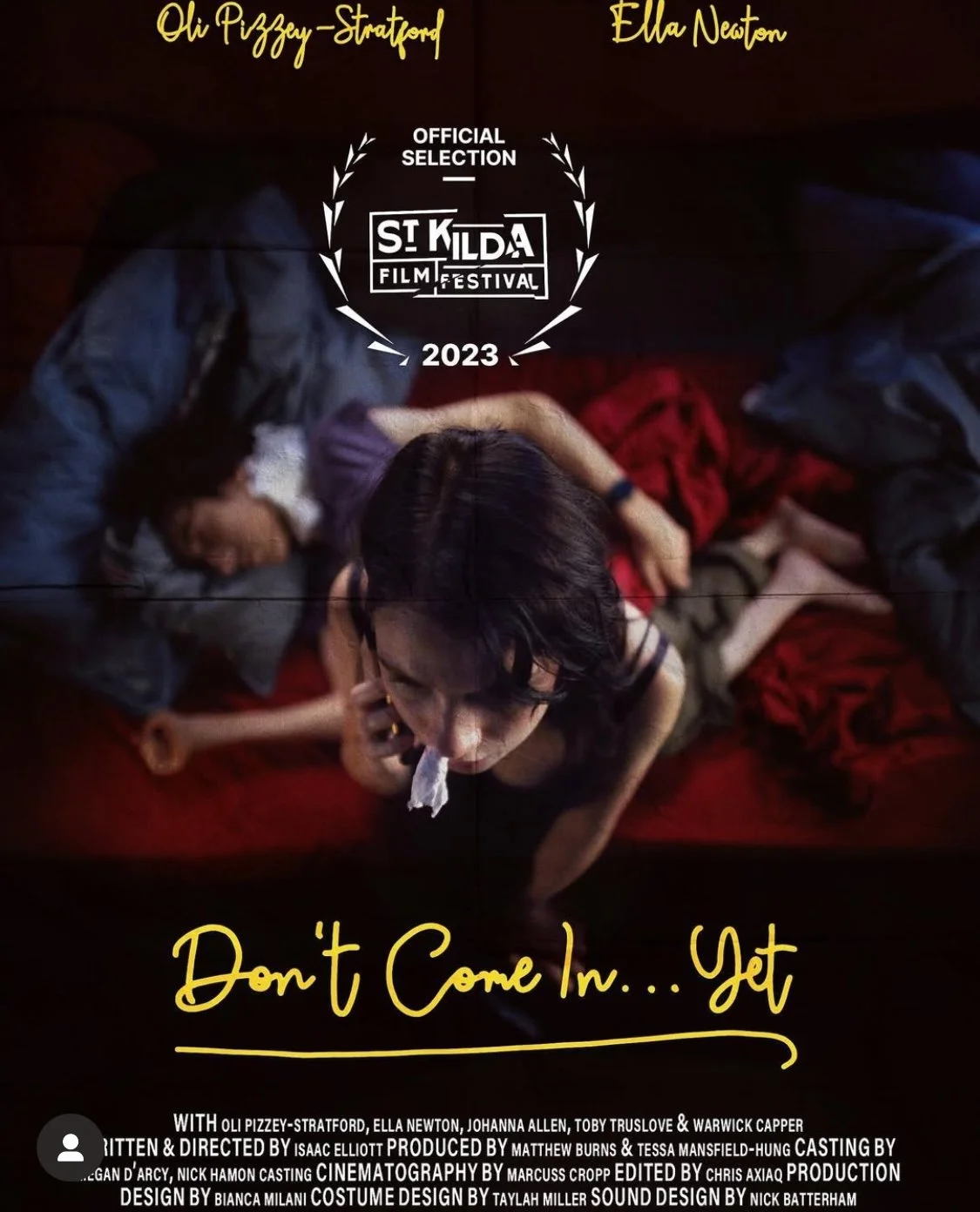 A promotional poster for the film 'Don't Come In...Get Out,' featuring a top view of a person with black hair and a piece of tissue in their mouth, lying on a bed with two other people. The poster includes the festival logo for the 2023 St. Kilda Fil