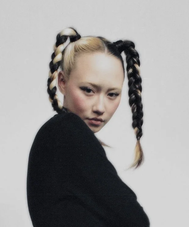 Young woman with braided hair styled in two pigtails with black and blonde sections, wearing a black top, posing against a plain light-colored background.