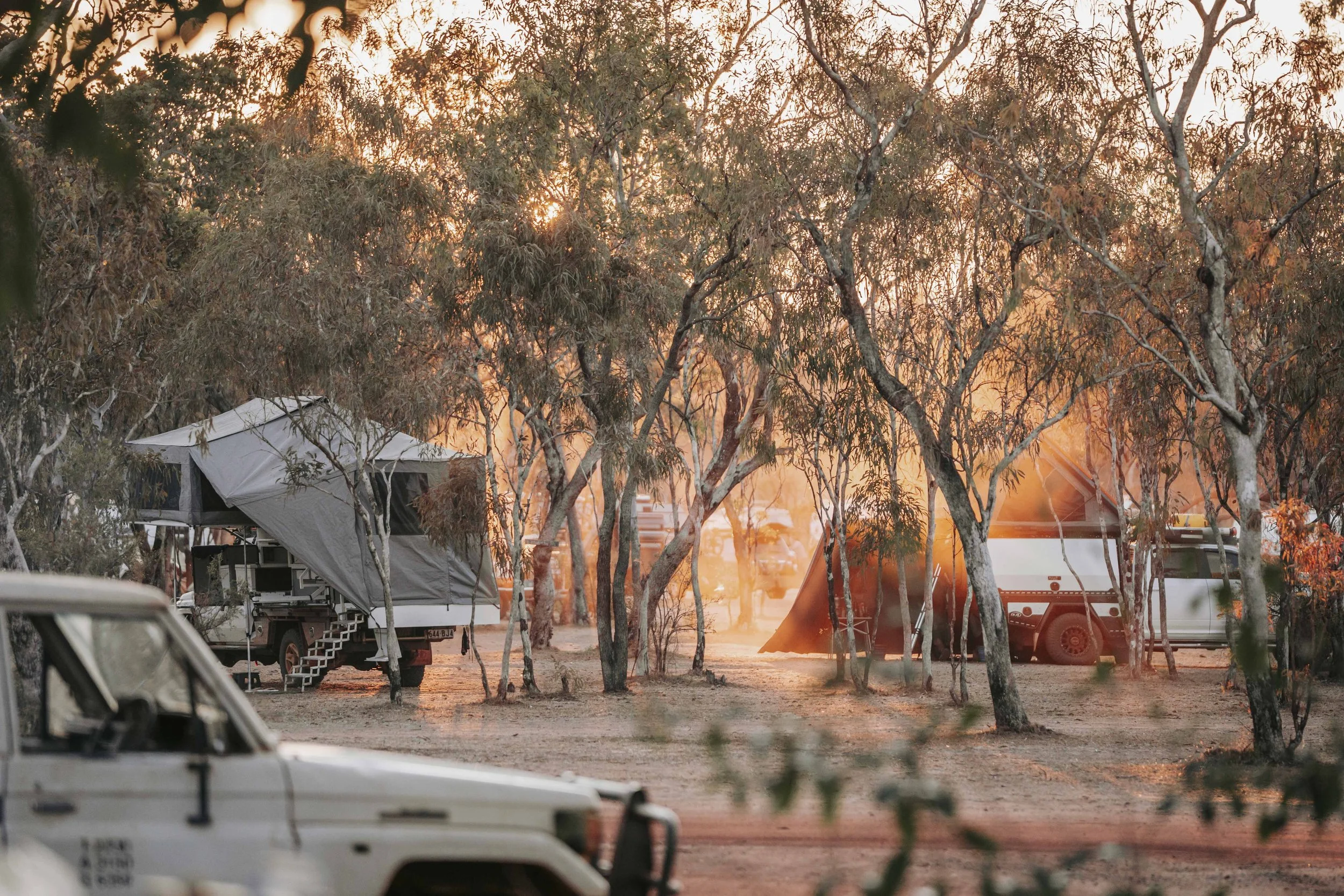 Campground at Mt Elizabeth Station, with several vehicles and tents among trees during sunset, with sunlight filtering through the branches.