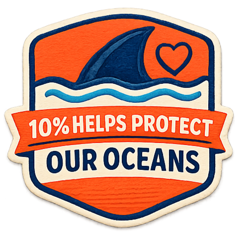 A patch with a shark fin, a red heart, and waves, with text that says '10% Helps Protect Our Oceans'.