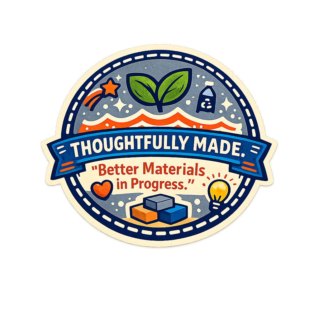 A circular sticker with a blue banner reading 'Thoughtfully Made' and a subtitle that says 'Better Materials in Progress.' It features icons of a leaf, a star, a water bottle, building blocks, a heart, and a light bulb, symbolizing sustainability and innovation.