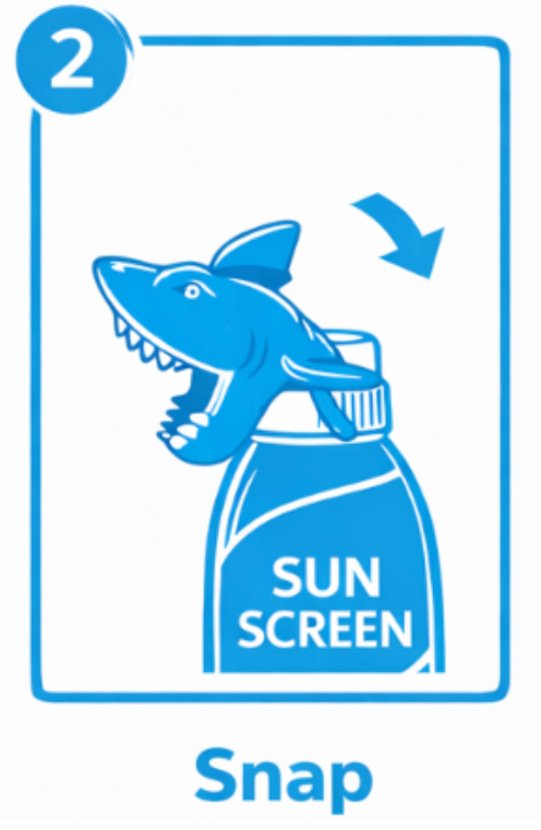 An illustration of a sunscreen bottle with an alligator head as part of the design, showing a snap lid being opened.