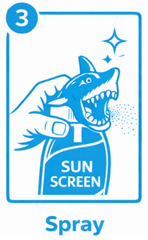 A hand holding a spray can labeled "Sun Screen" with a depiction of a dinosaur emerging from it, with sparkles and small dots indicating spraying.