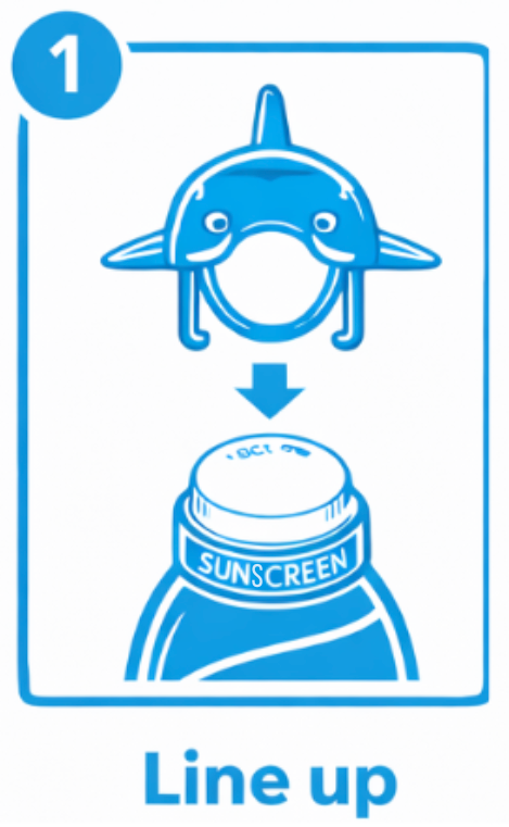 An illustration showing a dolphin toy being positioned above a bottle of sunscreen, with an arrow indicating they should be lined up.