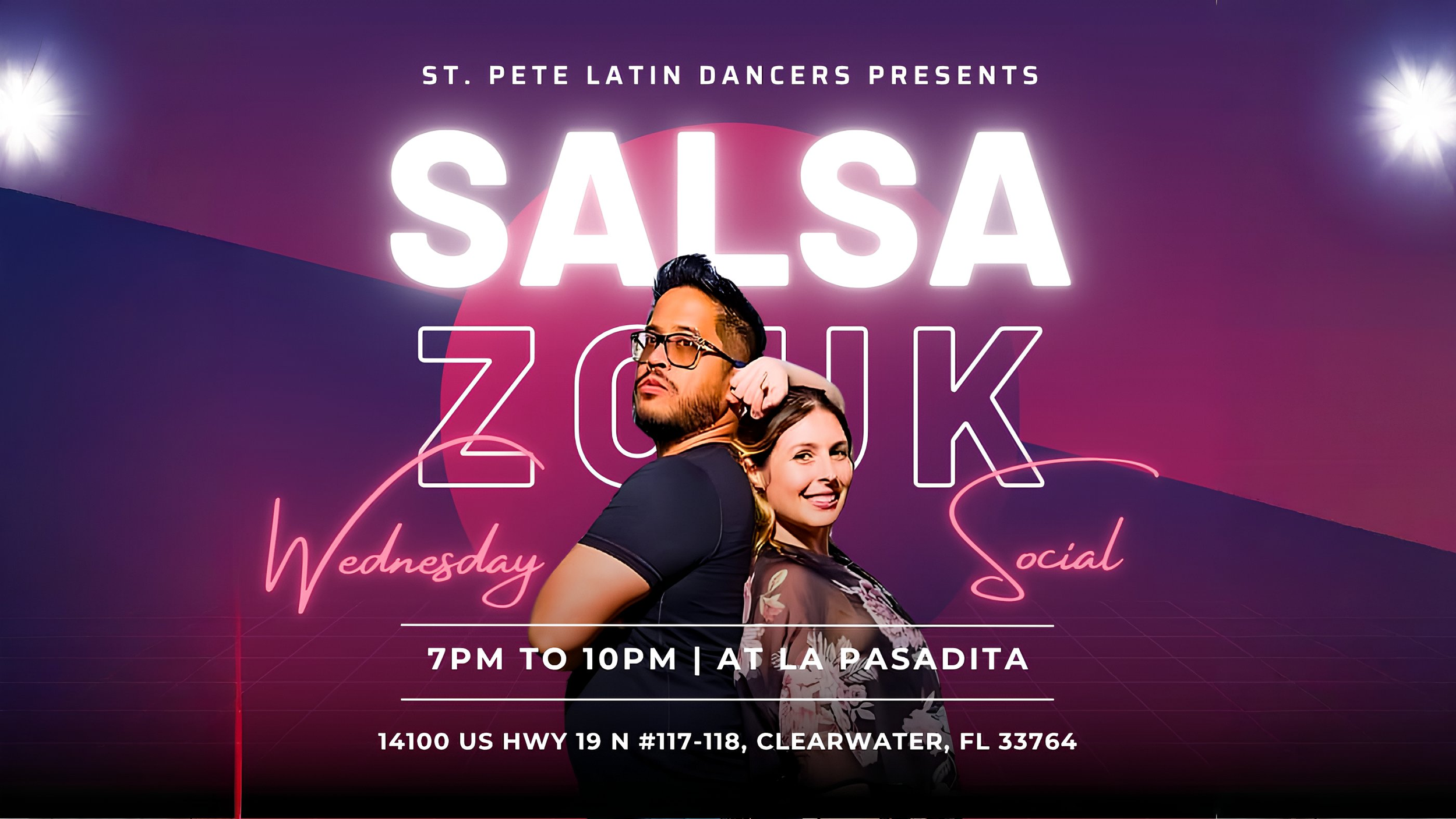 Digital poster for salsa social event hosted by St. Pete Latin Dancers, featuring a man and woman posing back to back, with event details including location at La Pasadita, Florida, and time from 7pm to 10pm.