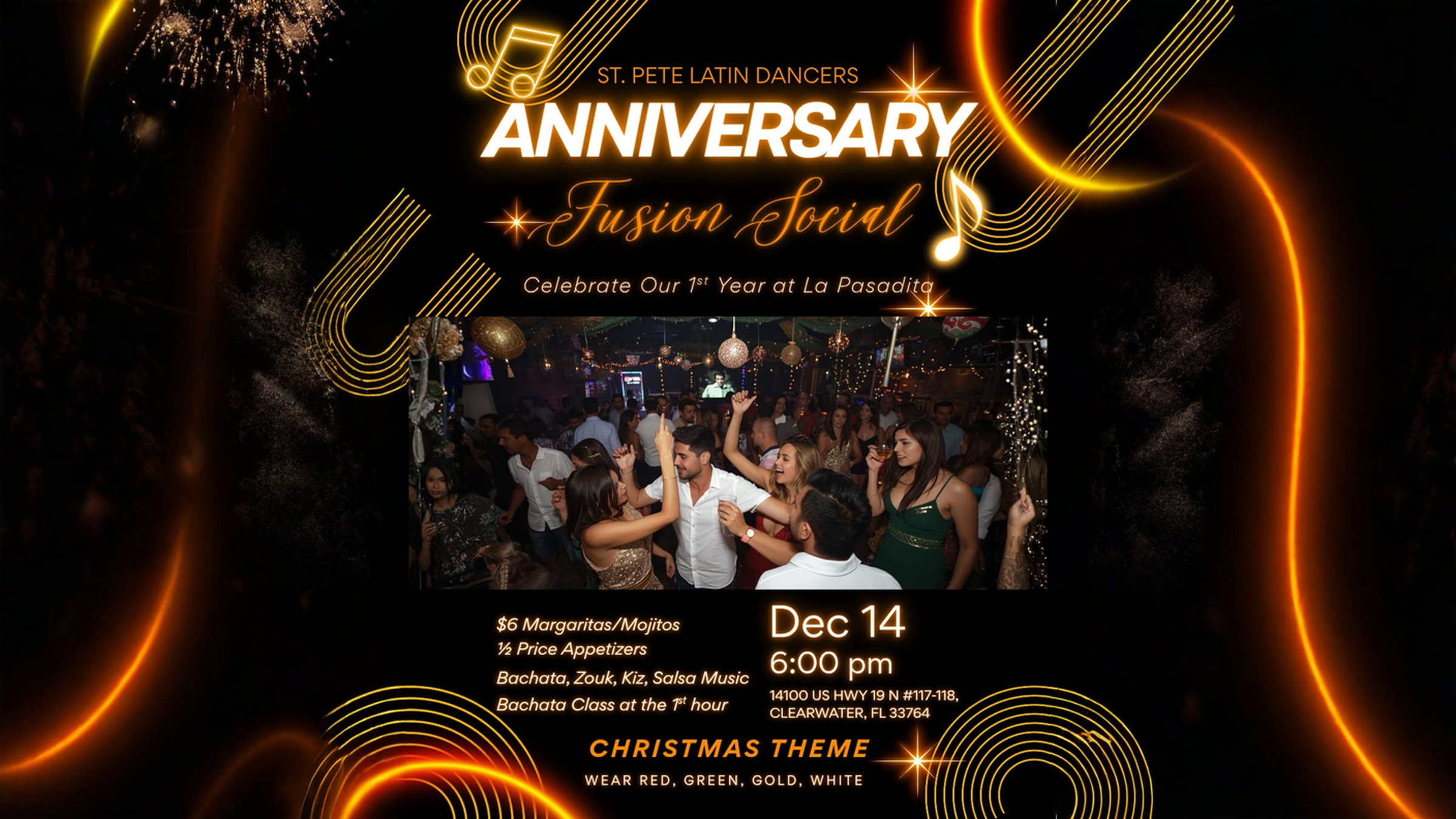 A festive flyer for St. Pete Latin Dancers' 1-year anniversary celebration themed 'Fusion Social' with a Christmas motif, featuring a photo of people dancing at a lively event with hanging decorations and string lights.