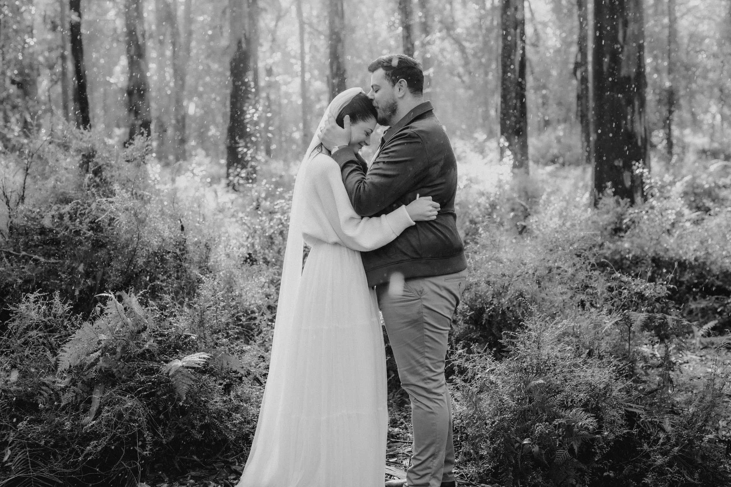 Groom kissing Brides forehead at their elopement in the Boranup Forest W.A