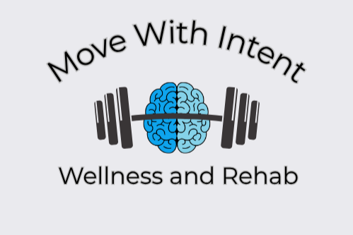 Logo of a brain with a barbell on either side, surrounded by the text 'Move With Intent' above and 'Wellness and Rehab' below.