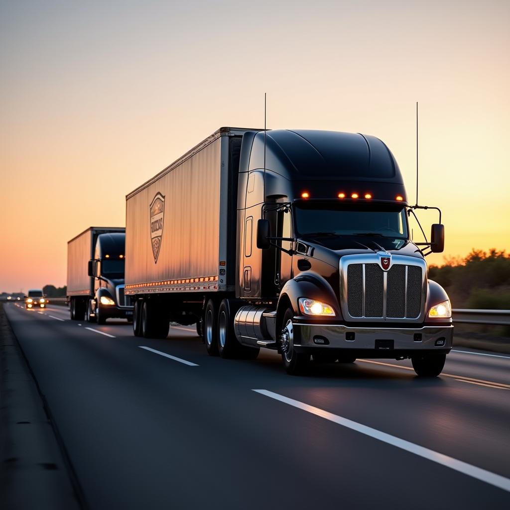 Black semi-truck driving on the highway during sunset, with additional trucks visible in the background.