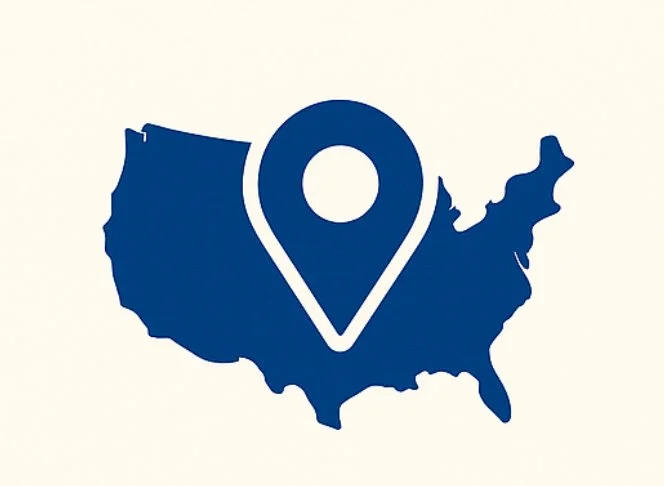 Illustration of a map of the United States with a location pin centered over it.