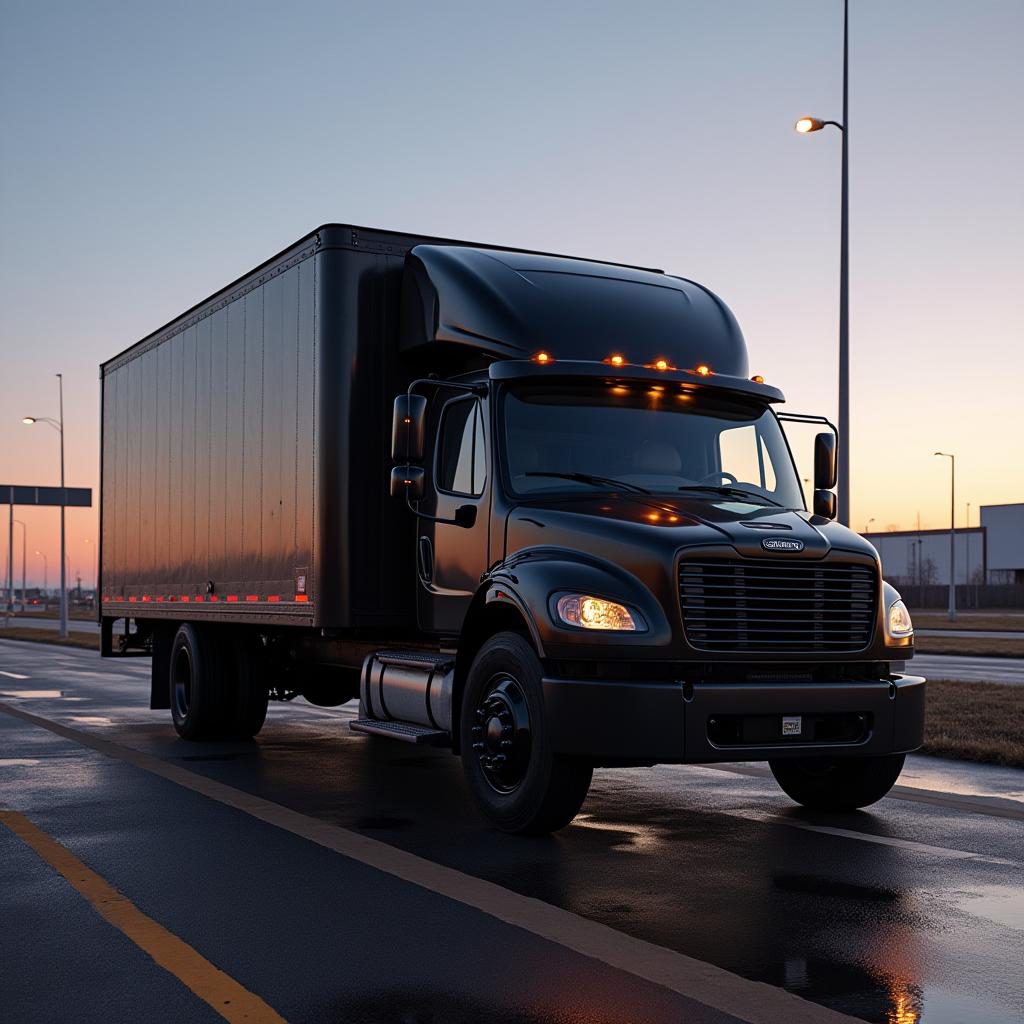 A black delivery truck parked on a road during sunset with street lights turned on.