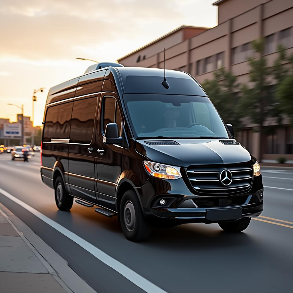 Black Mercedes-Benz Sprinter van driving on city street at sunset.