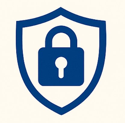 Blue shield emblem with a padlock symbol in the center representing security or protection.