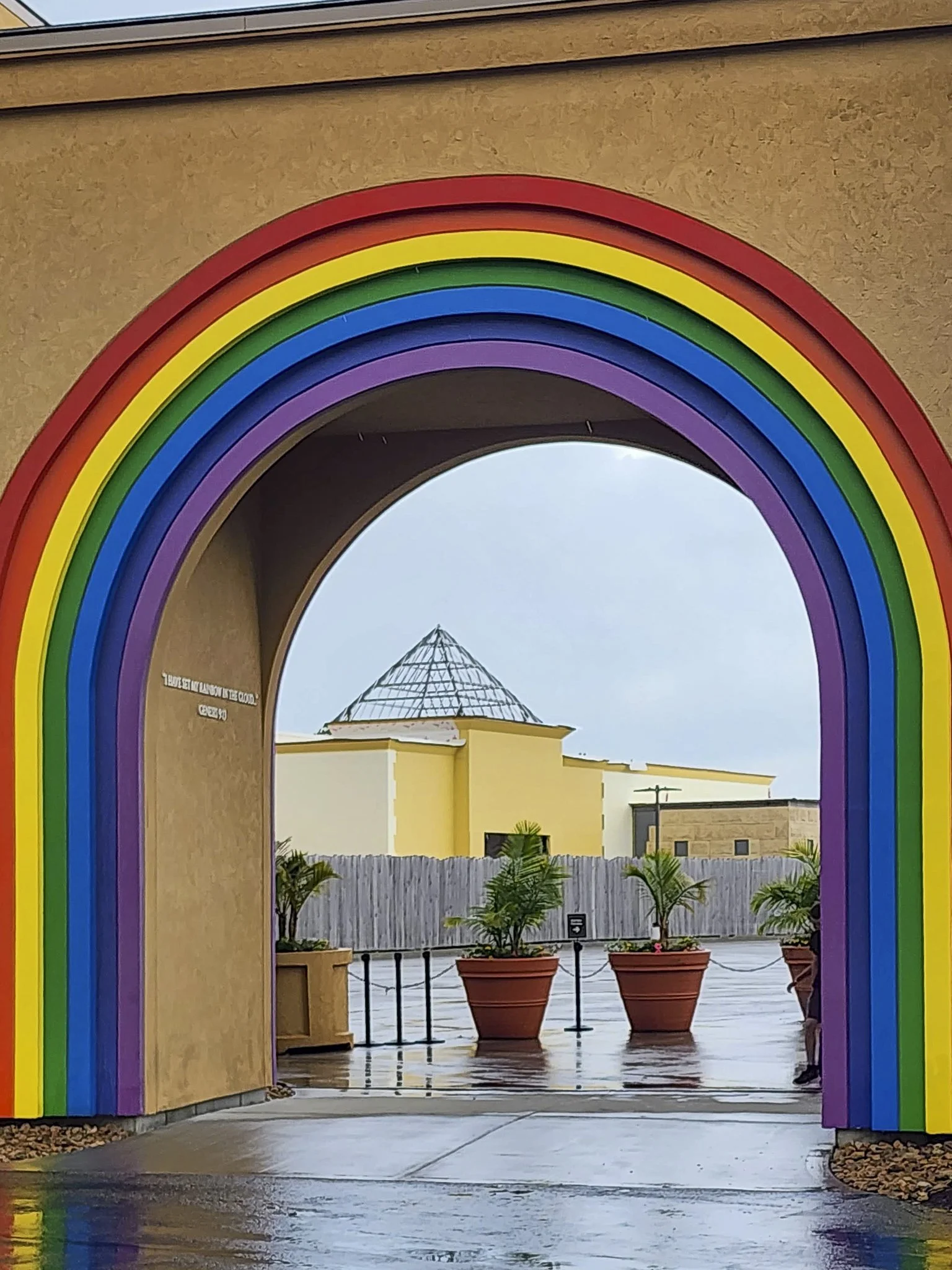 The rainbow where God establishes a covenant with Noah after the Great Flood is what you see when you exit the Ark.