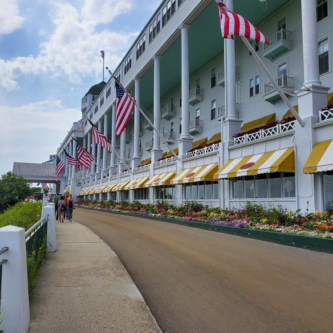 Family biking Mackinac Island shoreline