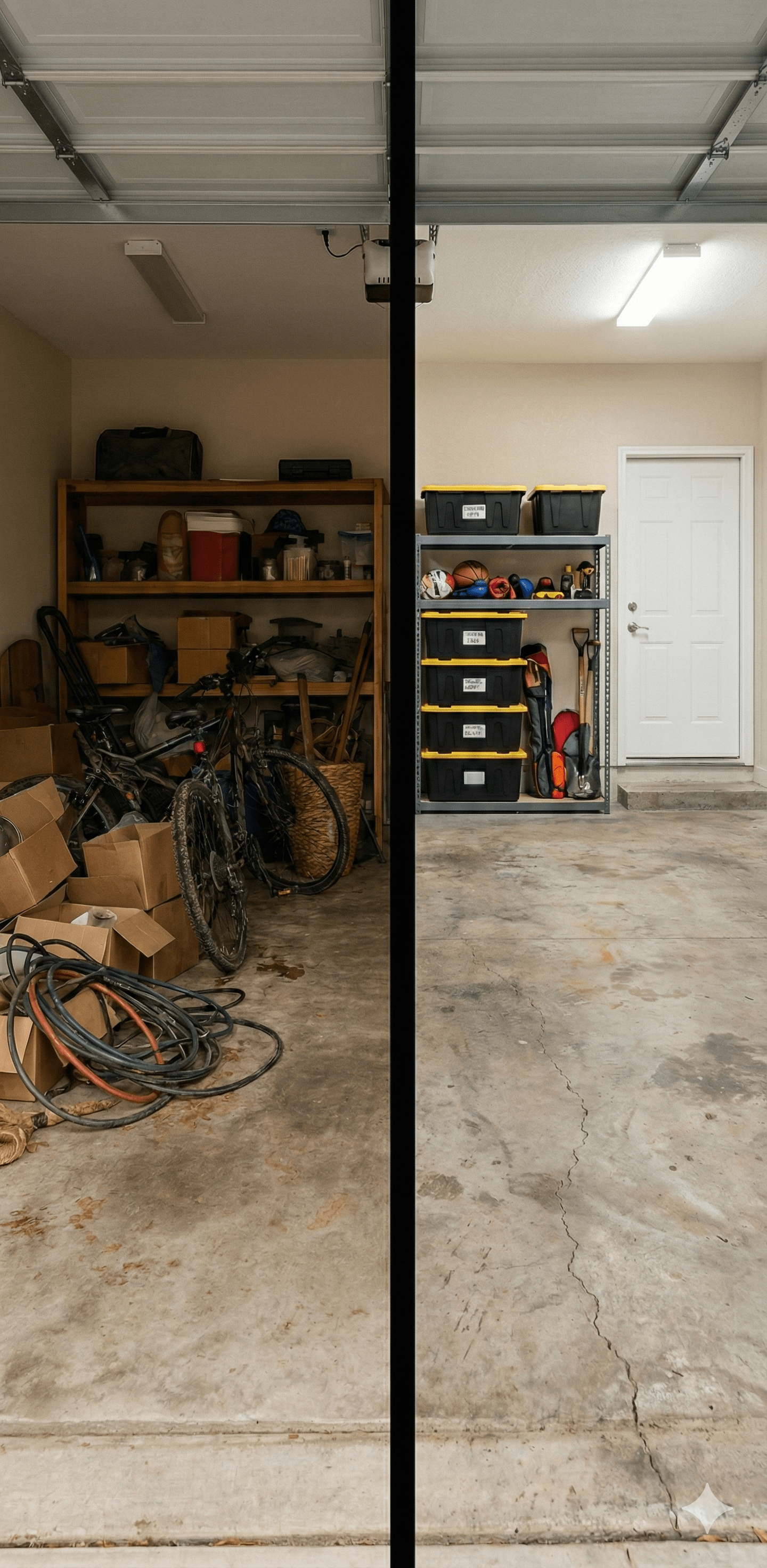 Side-by-side comparison photo of a garage showing a cluttered and messy side on the left and a clean and organized side on the right.