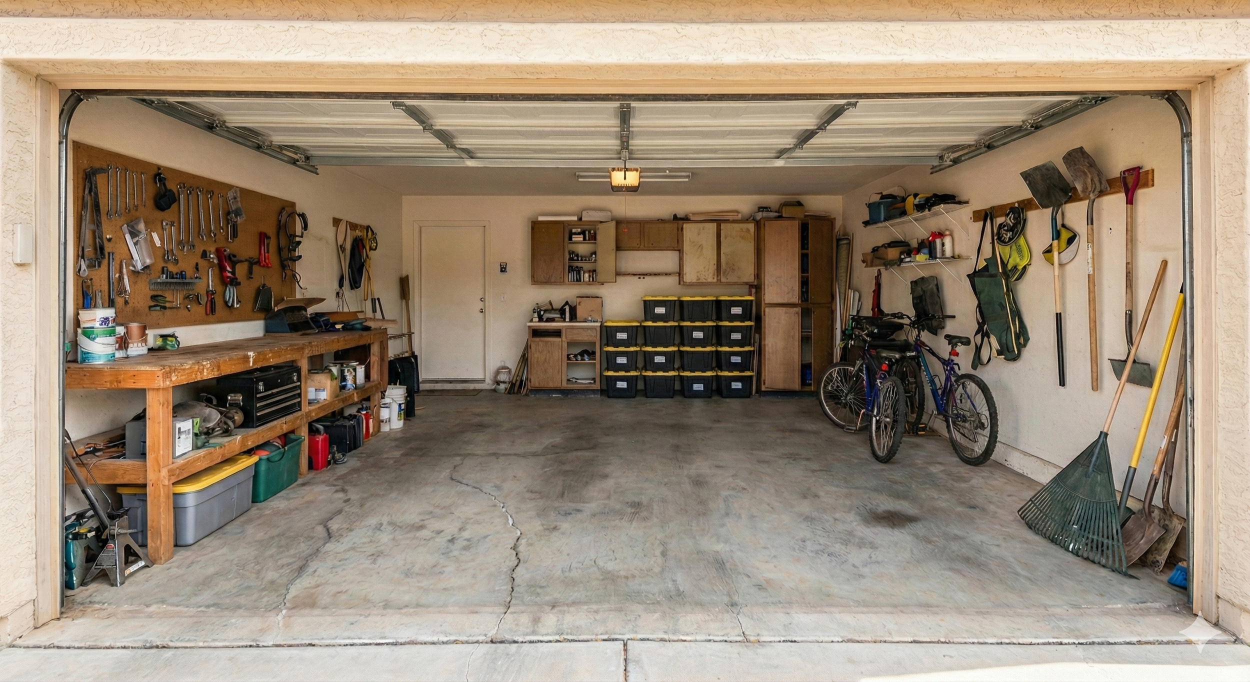 A clean, organized residential garage with tools, bicycles, and storage shelves.