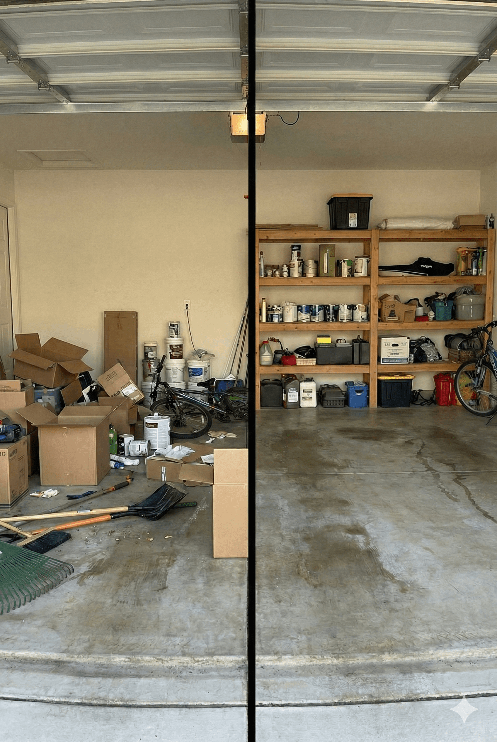 Side-by-side comparison of a garage before and after cleaning. Left side shows clutter, boxes, tools, and bike parts. Right side appears clean with organized shelves and a clear concrete floor.