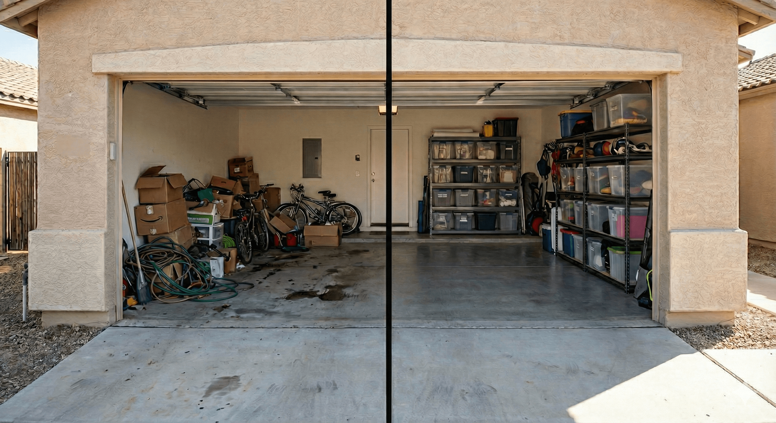 A garage filled with bicycles, storage bins, and gardening tools. The garage has a stained concrete floor and metal shelving units on the walls.