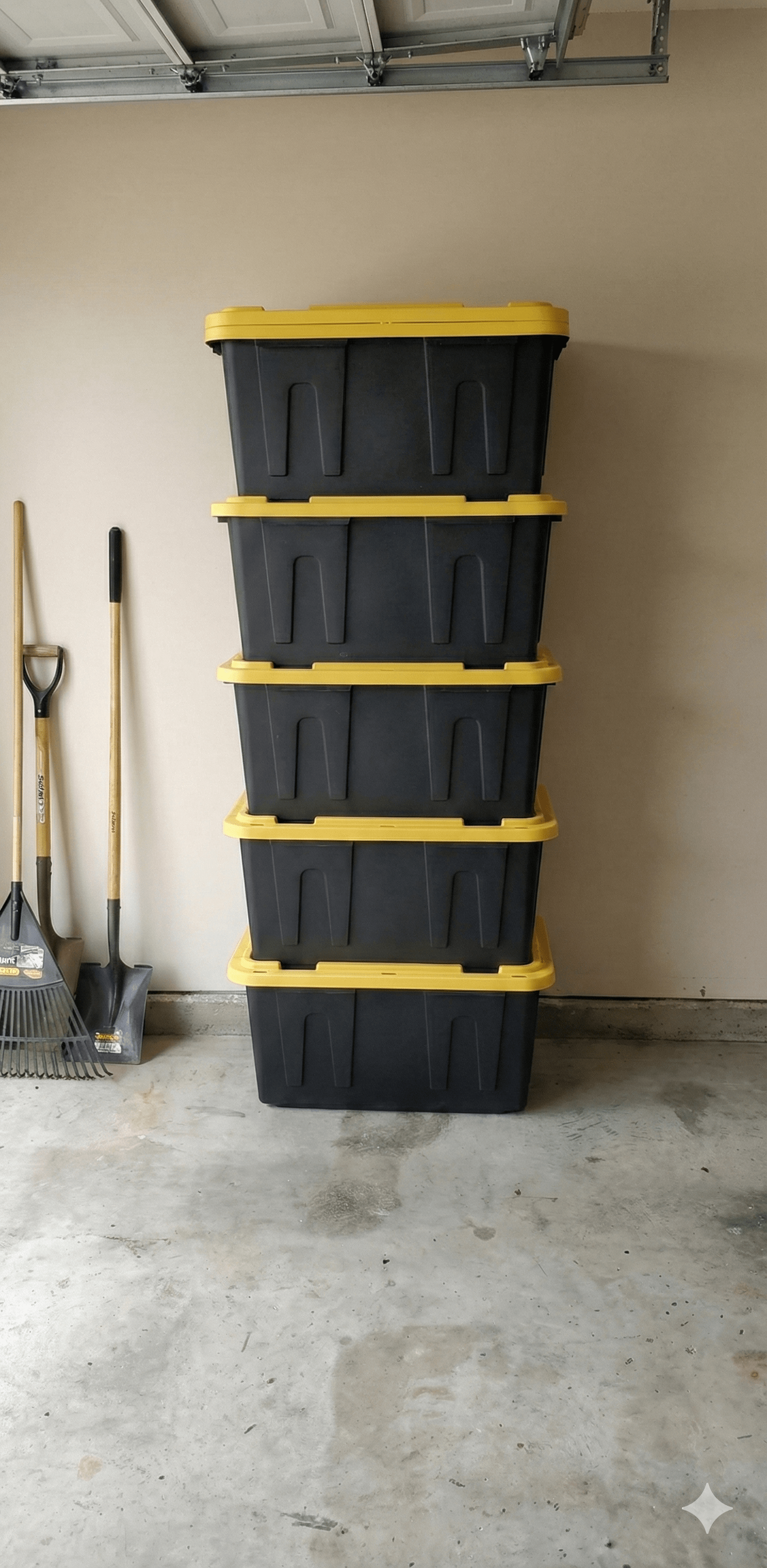 Four stackable storage containers with yellow lids stacked against a garage wall.