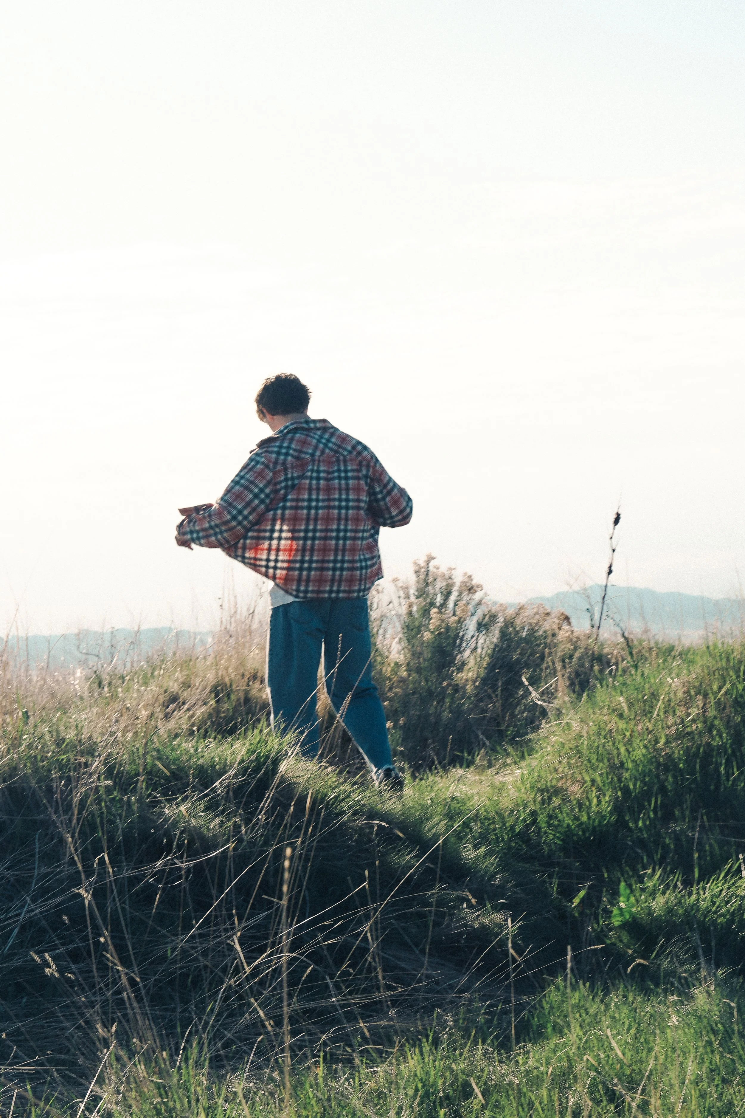 Person in plaid jacket standing in grassy field, looking at their phone, with distant mountains and clear sky in the background.