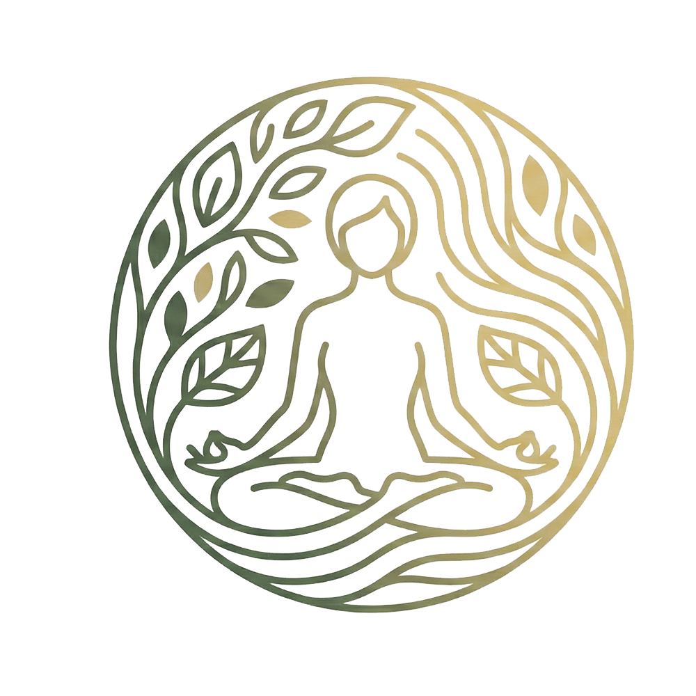 An emblem with a stylized figure meditating in a lotus position, surrounded by leaves and natural design elements, with a light glow.