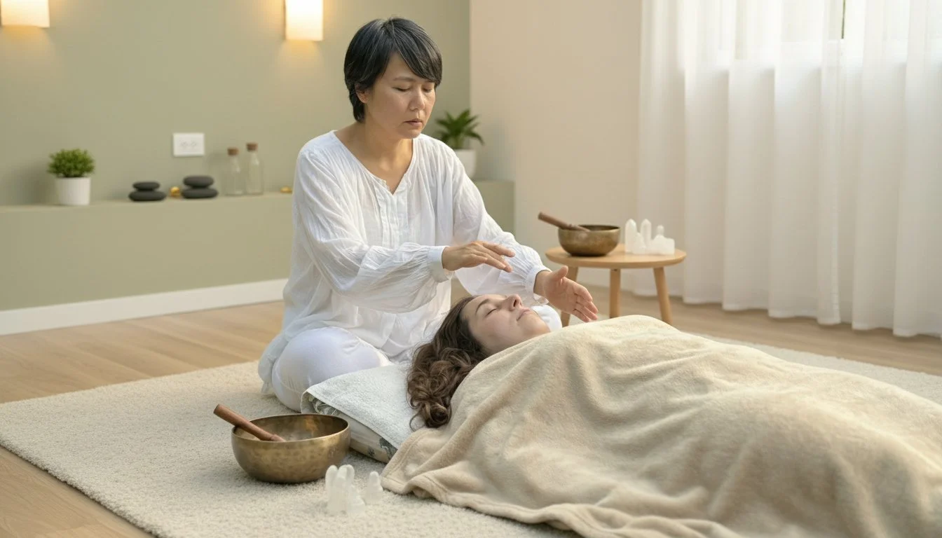 Woman giving a crystal healing session to a woman lying on a massage table, with Tibetan singing bowls nearby.