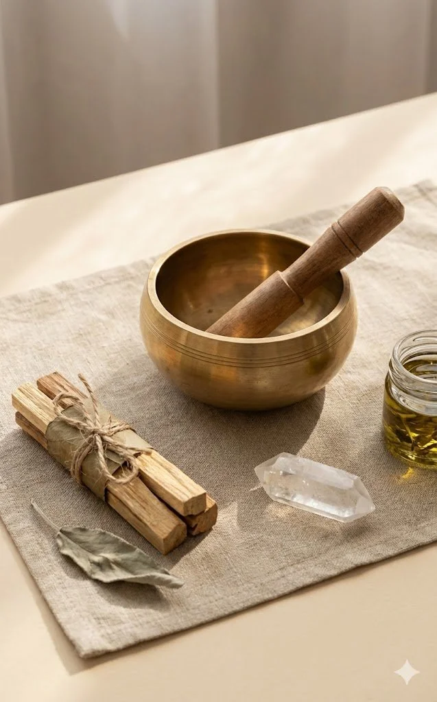 A brass singing bowl with a wooden striker inside, a bundle of sage tied with string, a clear quartz crystal, a small jar of oil, and a dried leaf on a beige linen cloth.