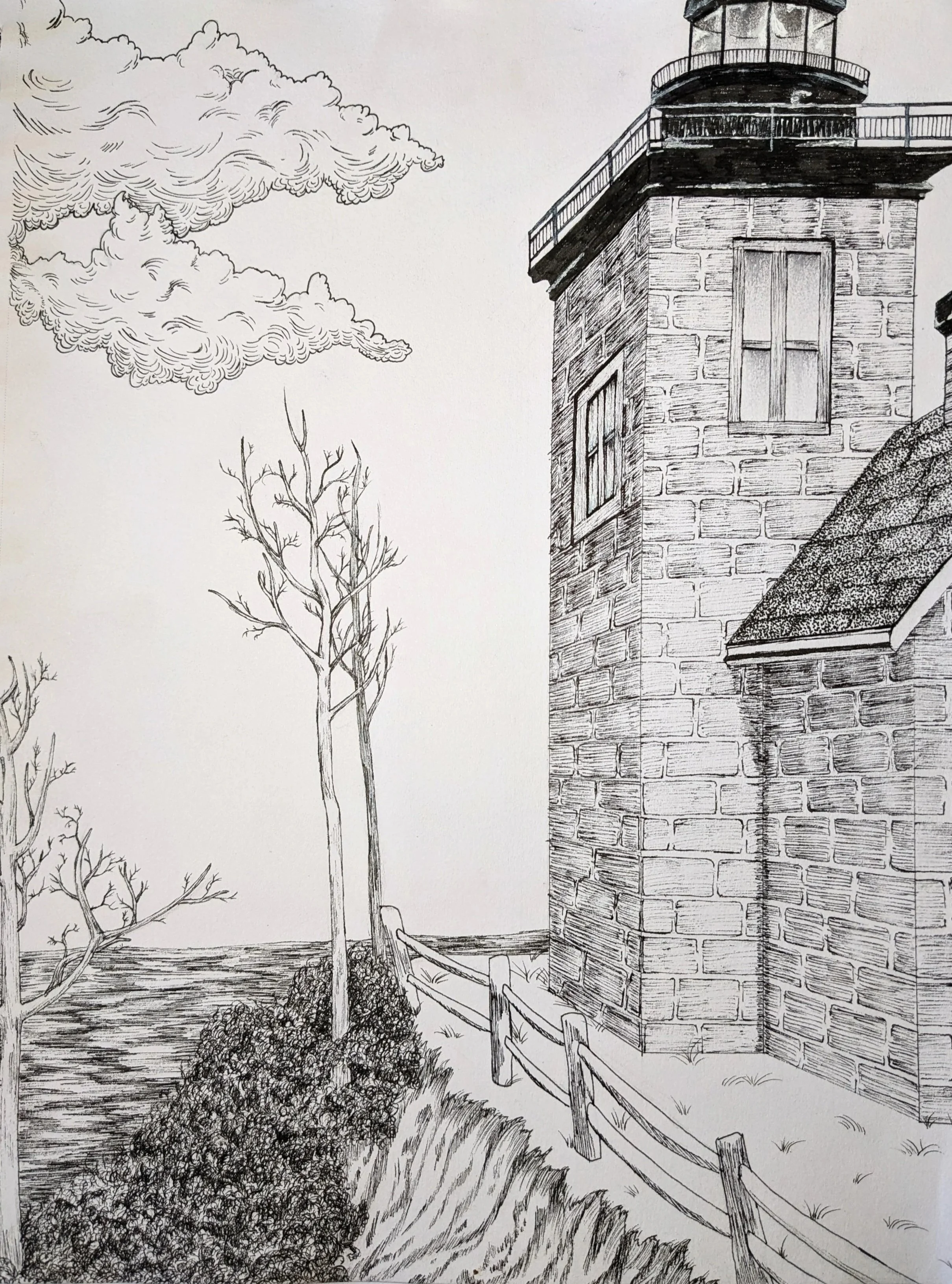 A detailed black-and-white sketch of a lighthouse near the ocean, with a stone building and a top lantern room, leafless trees, cloudy sky, and a wooden fence along the coastline.
