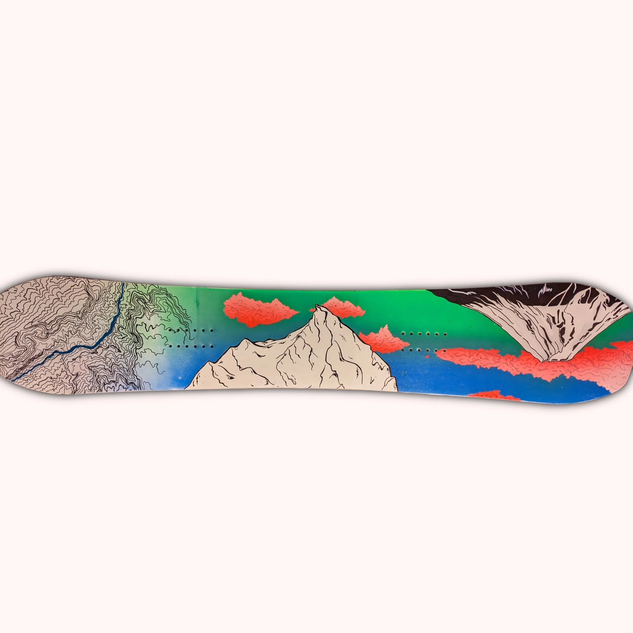 Colorful snowboard deck with mountain, cloud, and landscape illustrations